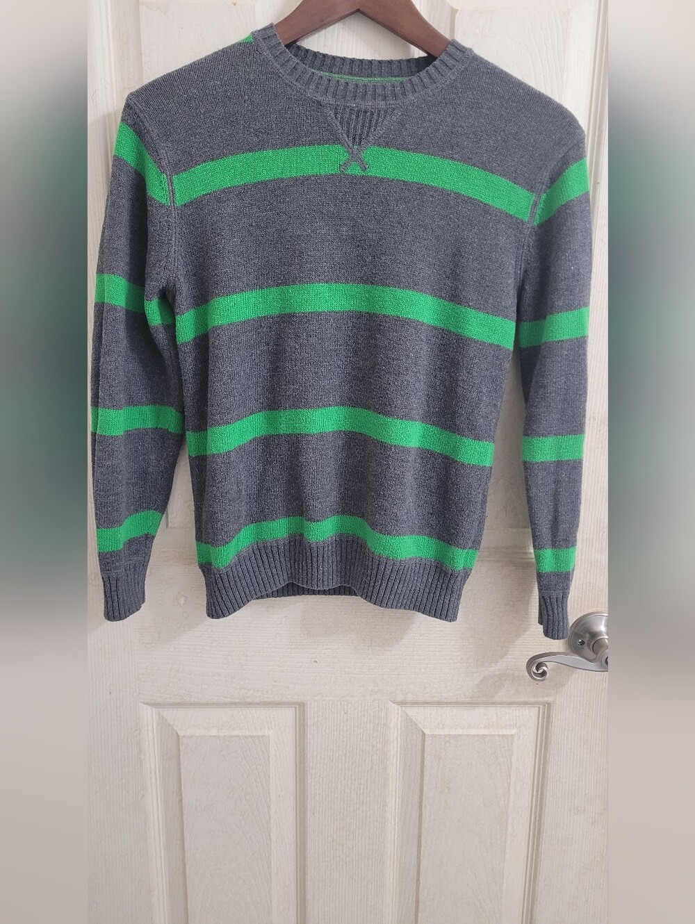 GAP Gray Crewneck Sweater with Green Stripes